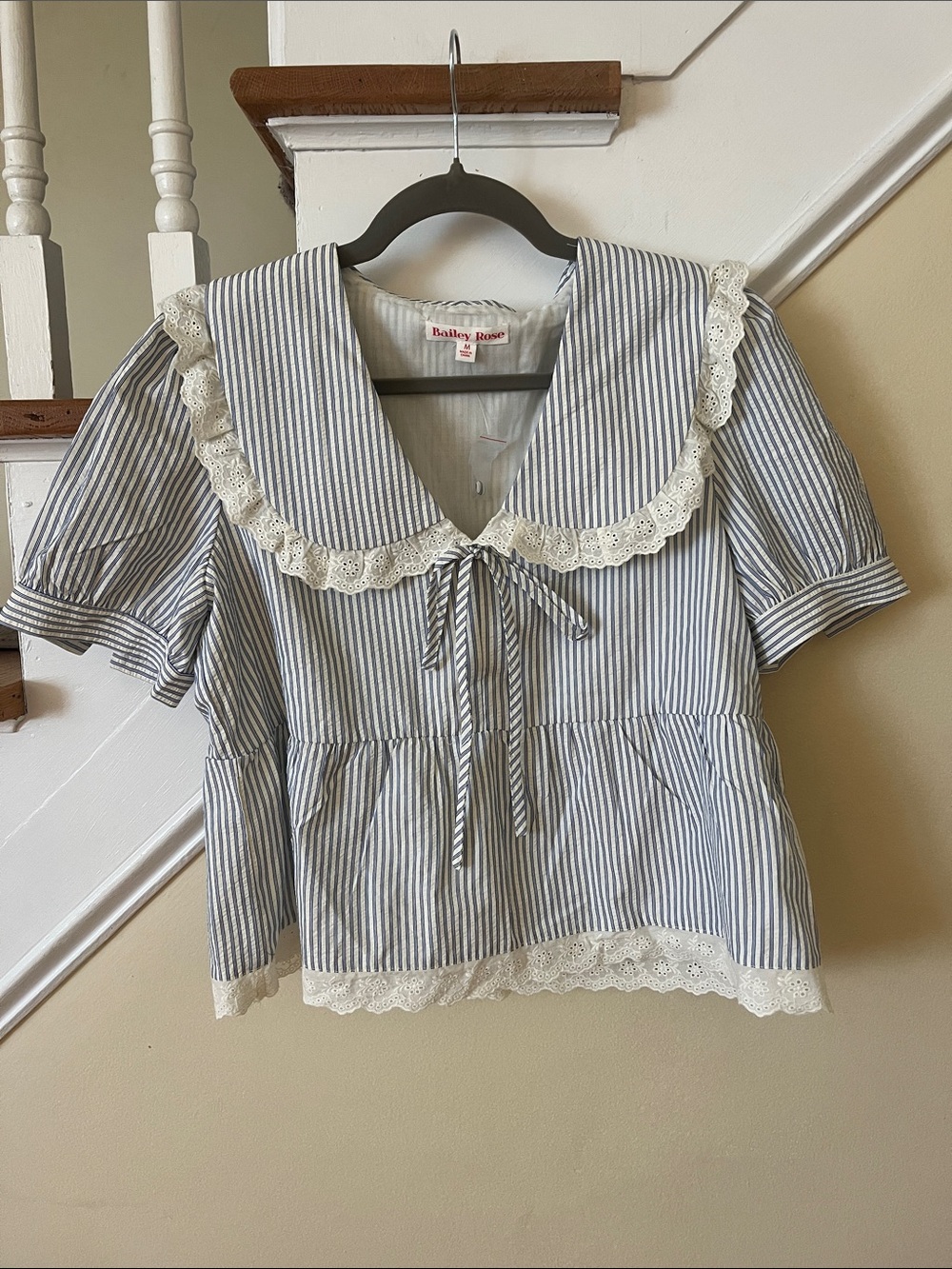 Bailey rose Women’s Blue Stripe Lace-Trim Blouse - Picture 3 of 7